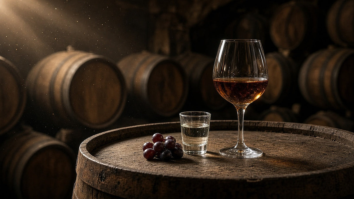 Copo de Vinho do Porto tawny e pequeno copo de aguardente sobre uma pipa de carvalho numa cave antiga