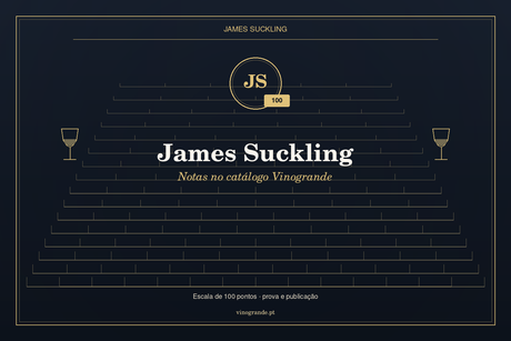 Capa editorial James Suckling — iniciais JS, escala 100, Vinogrande