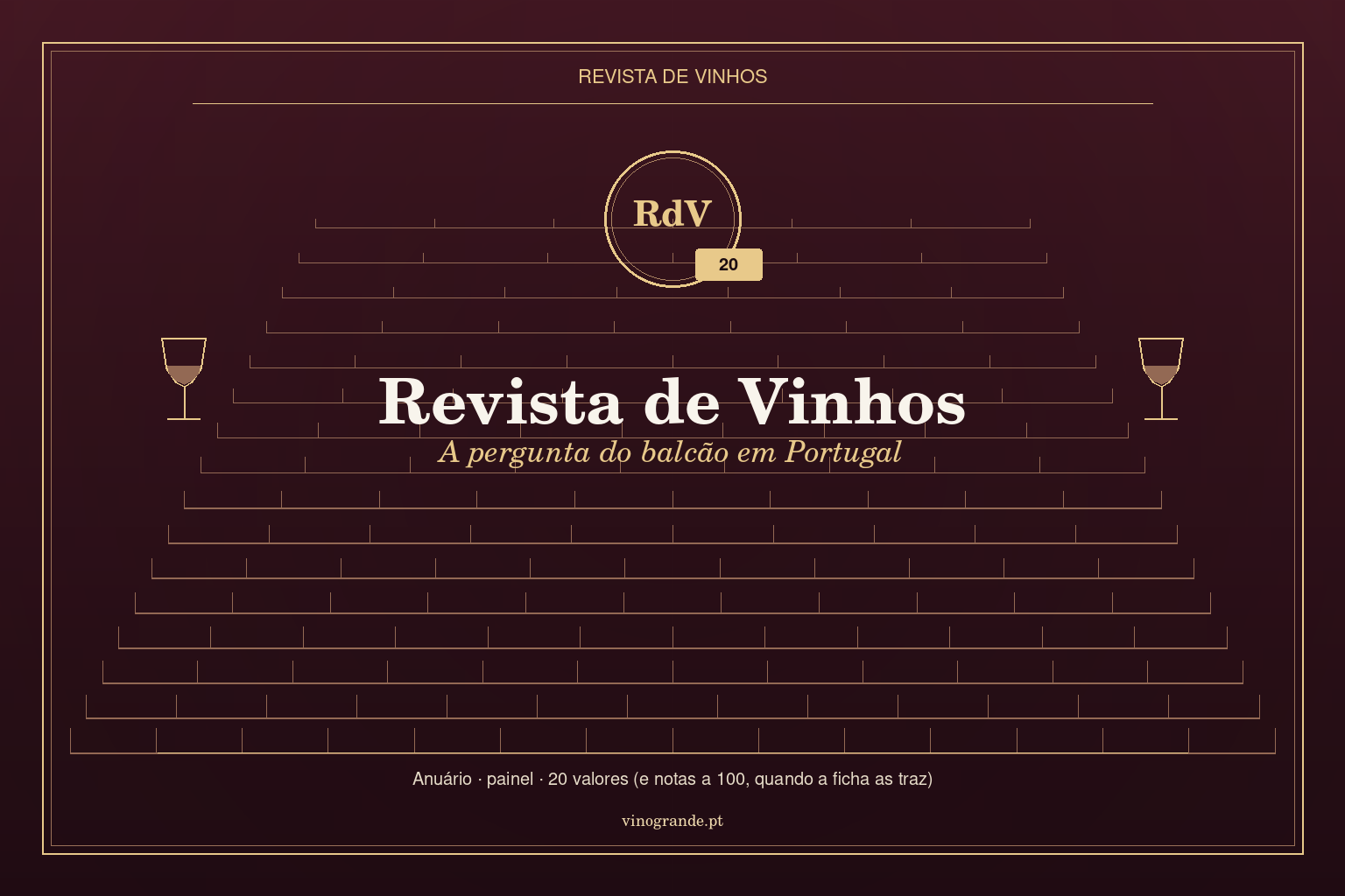 Capa editorial Revista de Vinhos — iniciais RdV, escala 20, Vinogrande