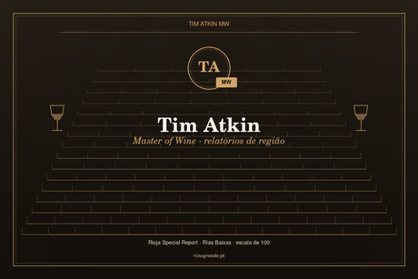 Capa editorial Tim Atkin MW — iniciais TA, selo MW, Vinogrande