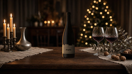 Garrafa magnum de Pape 2020, tinto do Dão, numa mesa de Natal à luz das velas com dois copos de vinho tinto e nozes