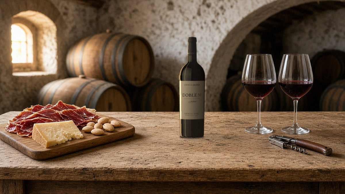 Bottle of Dominio de Calogía Doble M, Ribera del Duero, on a cellar table with ham, cheese and two glasses of red wine