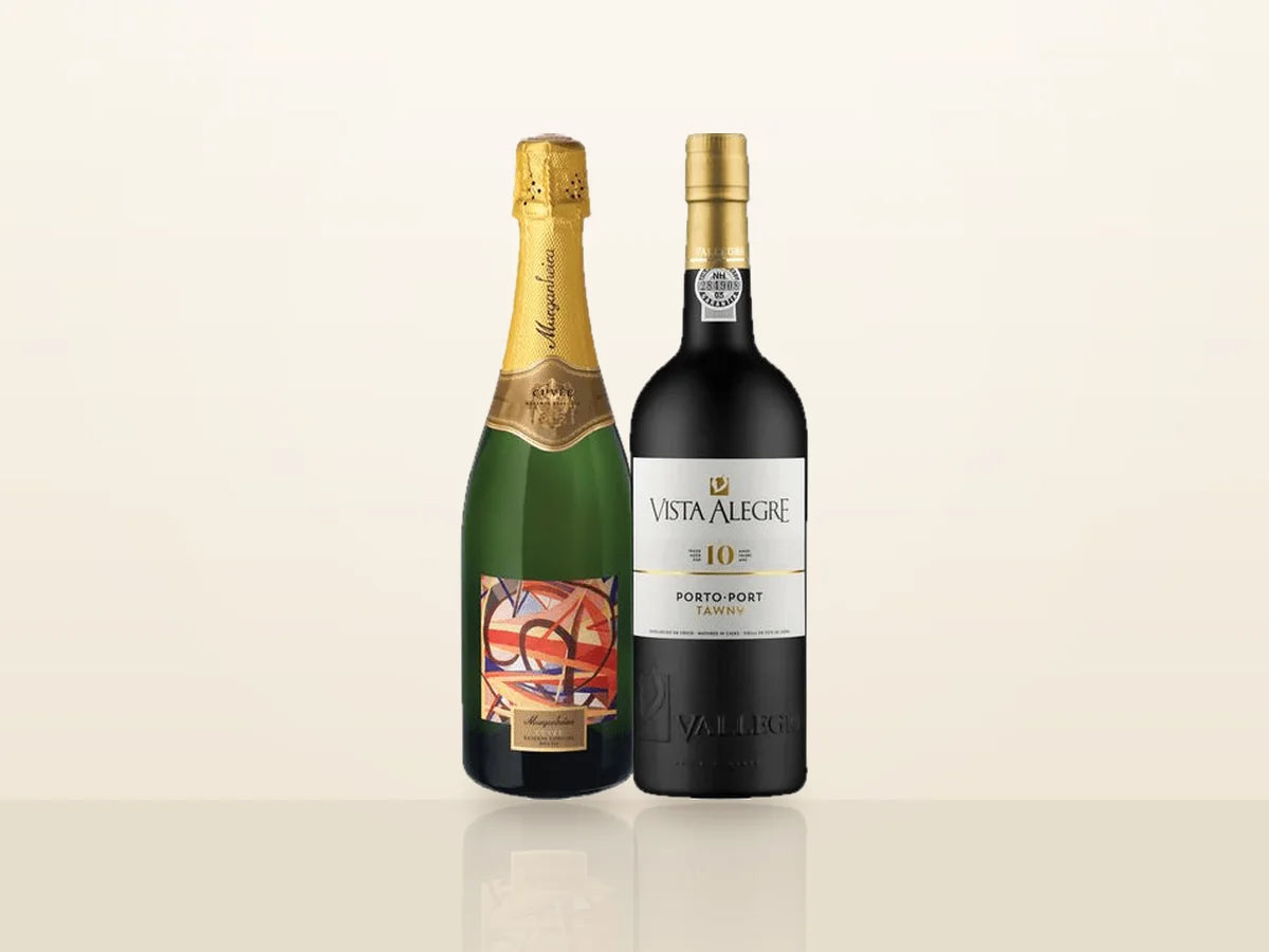 Pack Natal Brinde & Porto: Murganheira Cuvée Reserva Especial Bruto y Porto Vista Alegre 10 Anos, uno junto al otro
