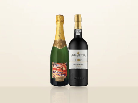 Pack Natal Brinde & Porto: Murganheira Cuvée Reserva Especial Bruto y Porto Vista Alegre 10 Anos, uno junto al otro