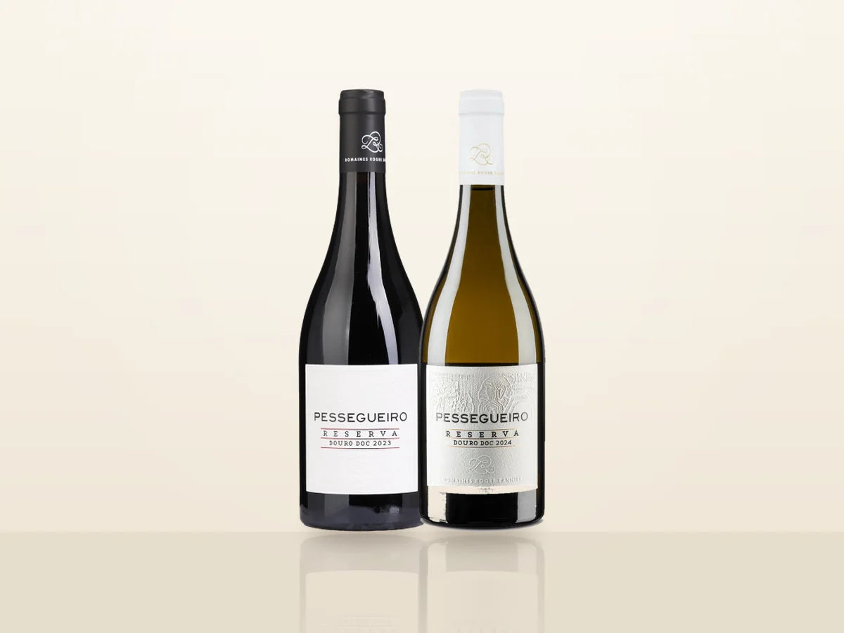 Pack Natal Quinta do Pessegueiro Reserva: Pessegueiro Reserva Tinto 2023 y Reserva Blanco 2024, uno junto al otro